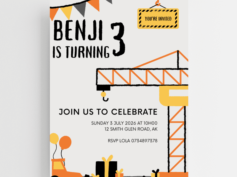 Fun Construction Party Invitation for Kids